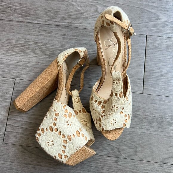 Jessica Simpson Dany 4 Cream Macrame Lace Platform Heels Boho Cork Size W7 - Picture 1 of 7